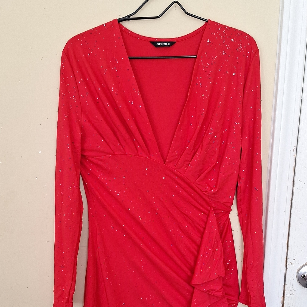 SHEIN Red Glitter Long Sleeve Dress